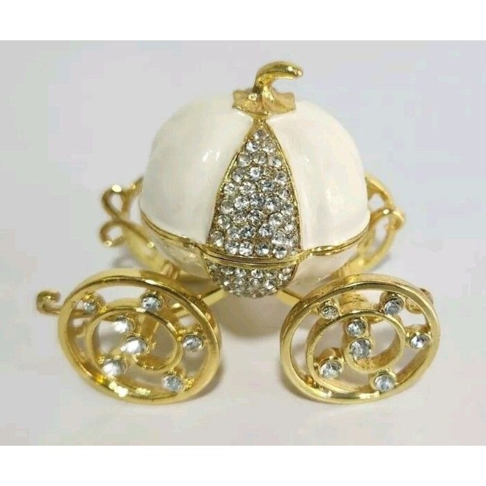 Jere Jeweled Pumpkin Carriage Trinket Ring Box / Swirled Enamel / Magnetic Close